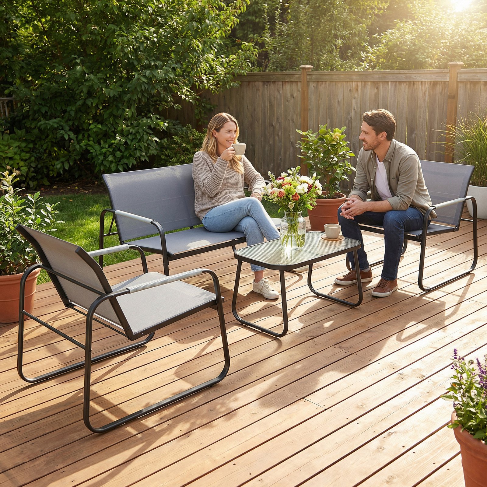 Outsunny 4 Piece Garden Furniture Set, Garden Sofa Set with Loveseat, 2 Armchairs, Tempered Glass Table for Balcony, Grey - Image 9
