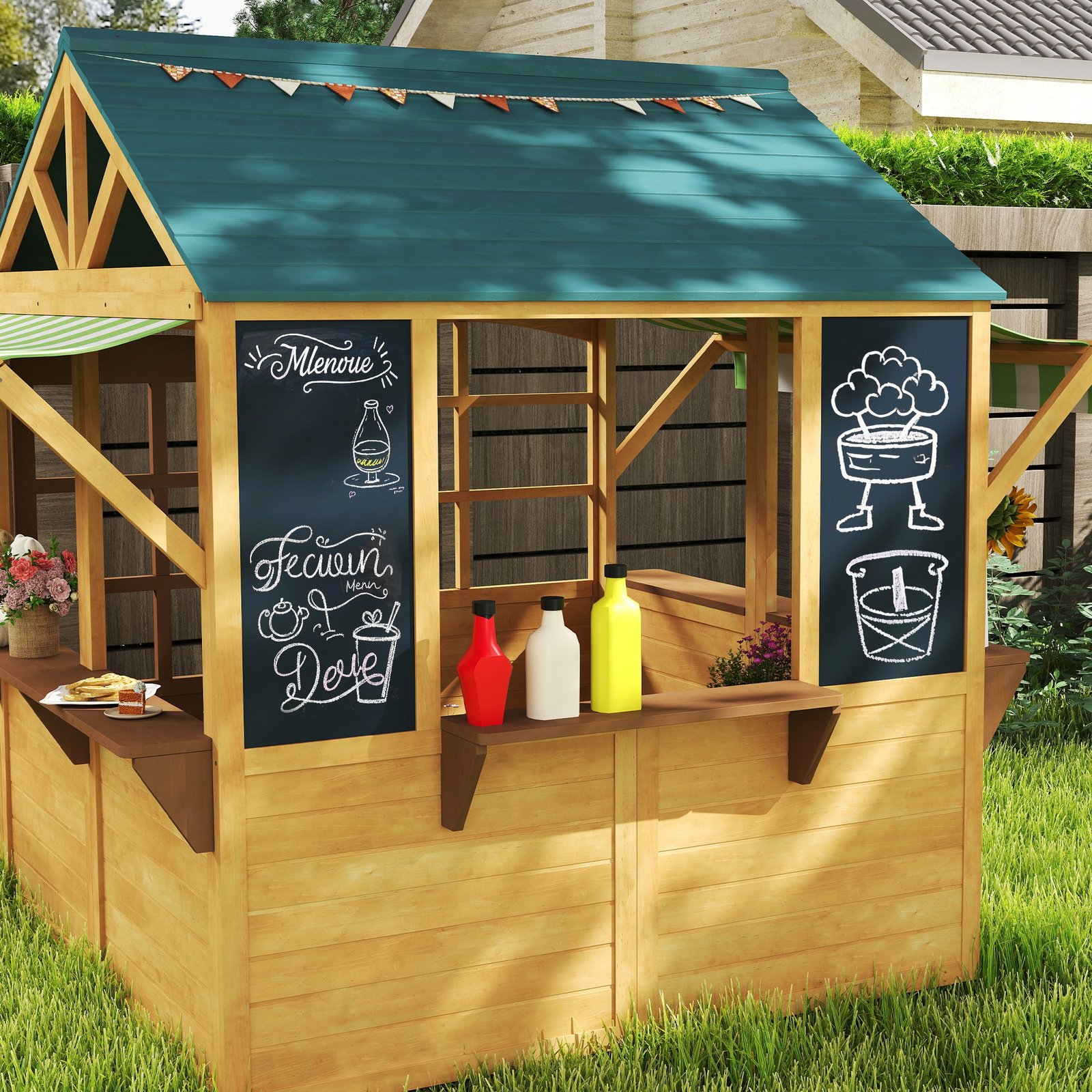 AIYAPLAY Wooden Playhouse for Kids, Foldable Wendy House with Windows, Working Door, Service Stations, Rain Covers, Brown - Image 9