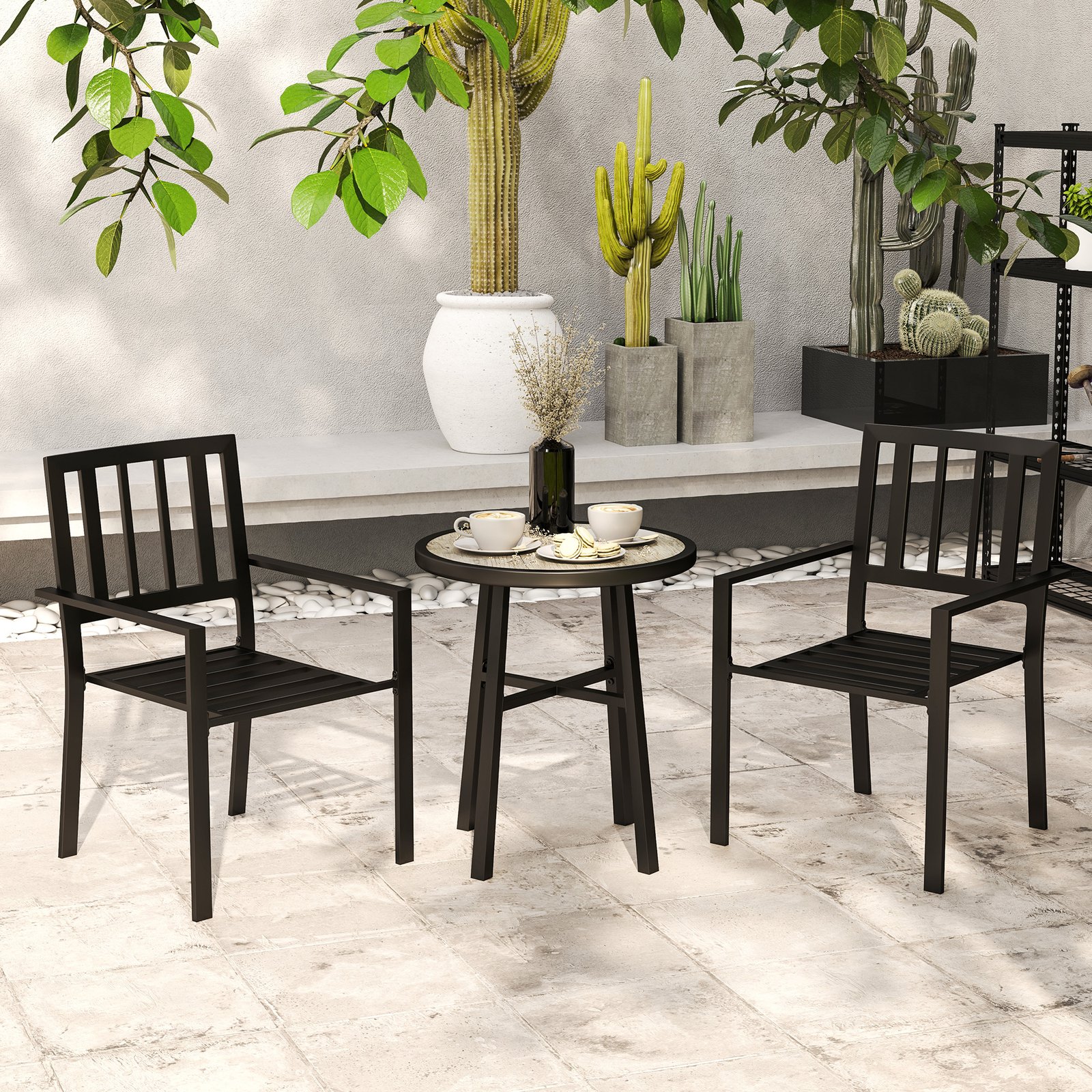 Outsunny 3 Piece Patio Bistro Set with Plastic Top, 2 Stackable Chairs, Galvanised Steel Frame, Grey - Image 9