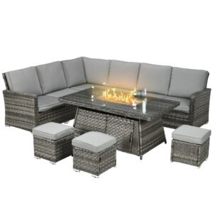 Outsunny All-Season Fire Pit Patio Furniture Set Wicker Sofa Set With 50000 Btu Fire Table For Outdoor Gatherings - Grey