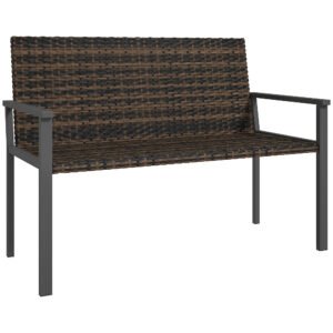 Outsunny 2 Seater Rattan Garden Bench, Outdoor Bench with Quick-Drying Cotton Padding, Wicker Garden Loveseat with Armrests, Steel Frame for Patio, Park, Mixed Brown