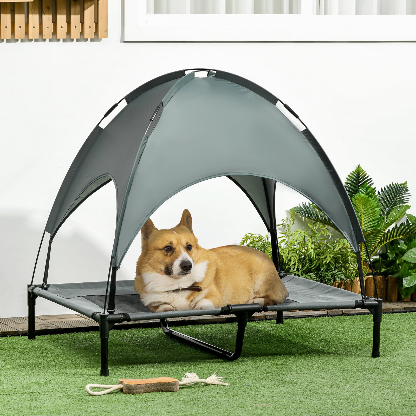 PawHut Outdoor Dog Bed with Removable Canopy, Portable Raised Dog Bed for Camping, Garden & Beach, Water-Resistant UV-Protection Mesh Pet Cot Sun Lounger, for Large Pets, 92 x 76 x 90 cm, Grey - Image 2