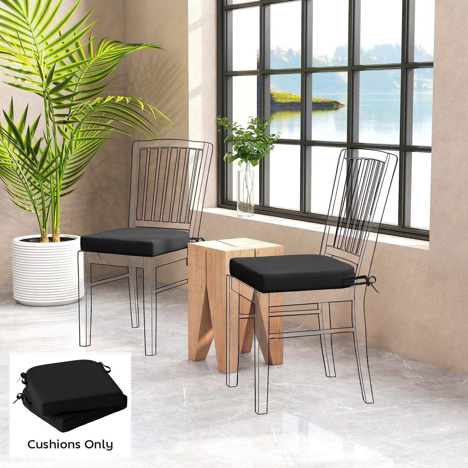Outsunny Outdoor Chair Seat Cushions Set of 2, Garden Chair Cushions with 7cm Thick Foam & Ties, Black - Image 2