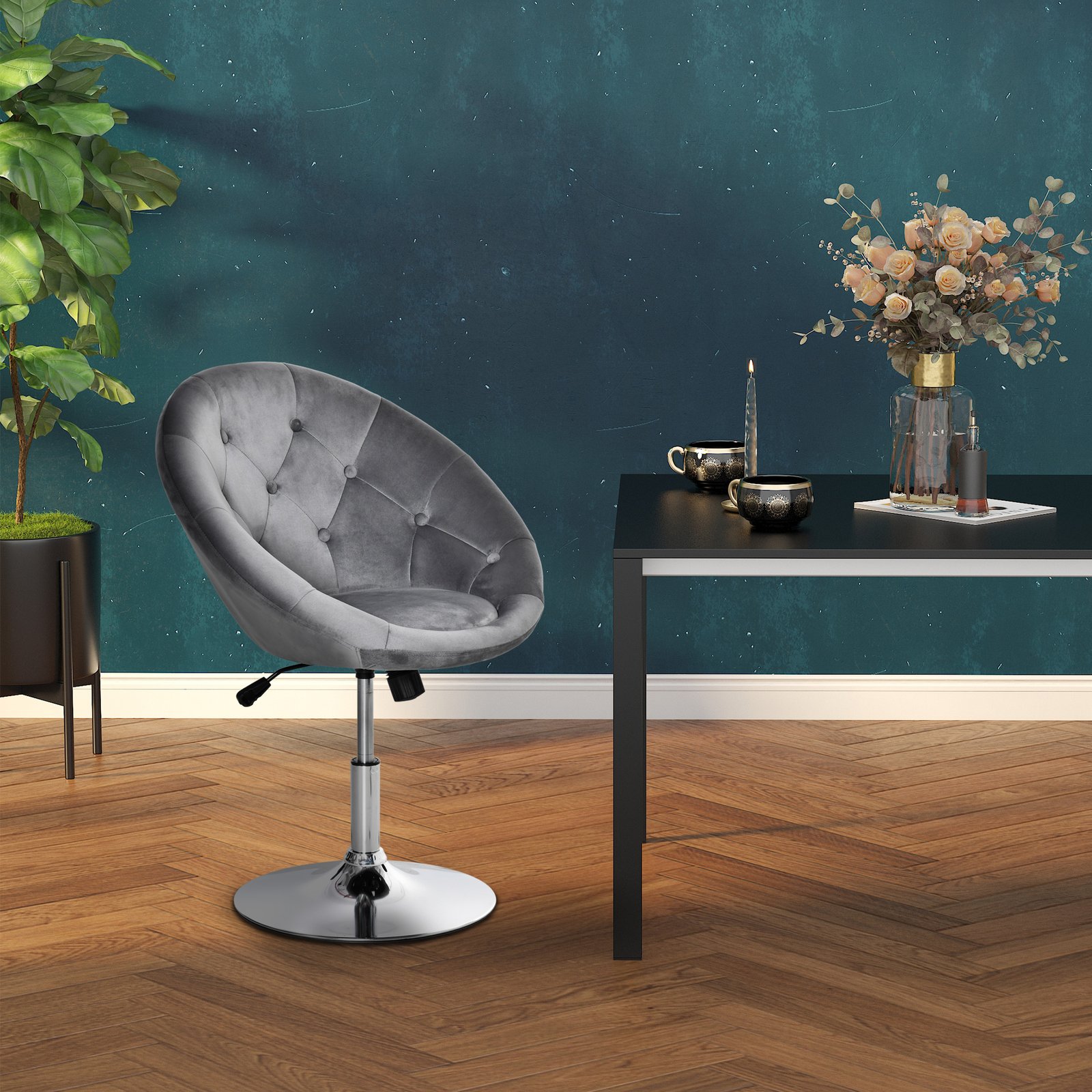 HOMCOM Swivel Dressing Stool, Velvet-feel Upholstered Vanity Chair, Adjustable Height Tub Makeup Chair with Button Tufting and Thick Padding for Bedroom, Grey - Image 7