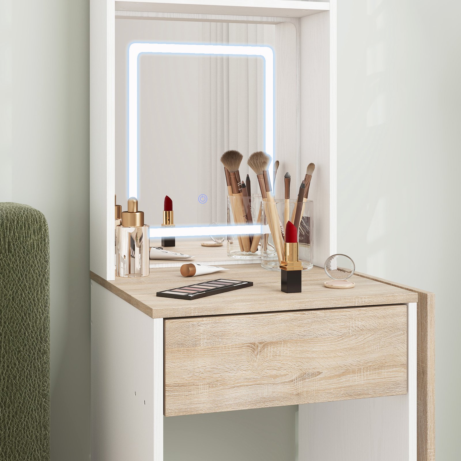 HOMCOM Small Vanity Desk with Mirror and LED Lights, Compact Dressing Table with Drop Leaf, Open Shelves and Drawer, White - Image 9