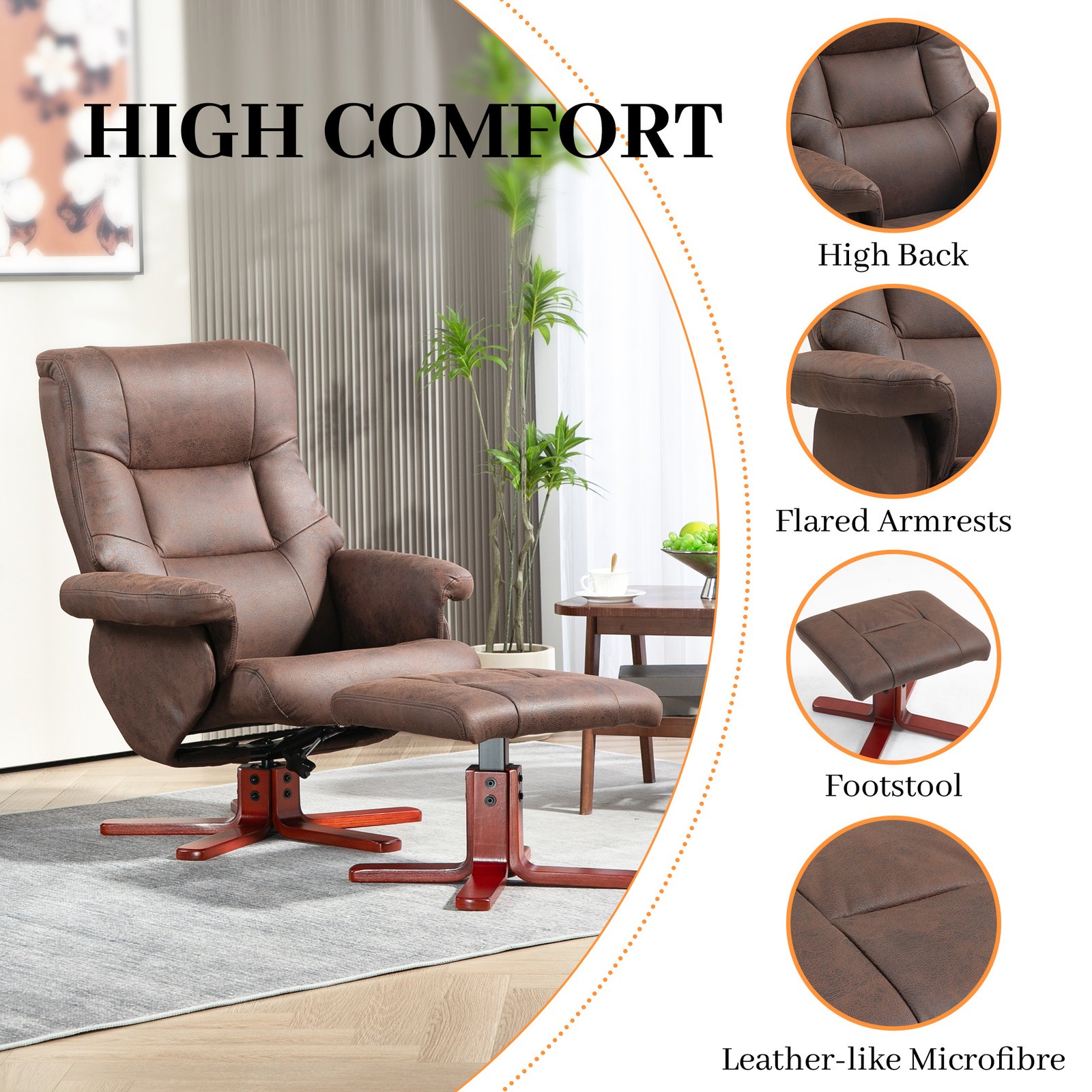 HOMCOM Faux Microfibre Leather Manual Recliner and Footstool Set - Dark Brown - Image 6