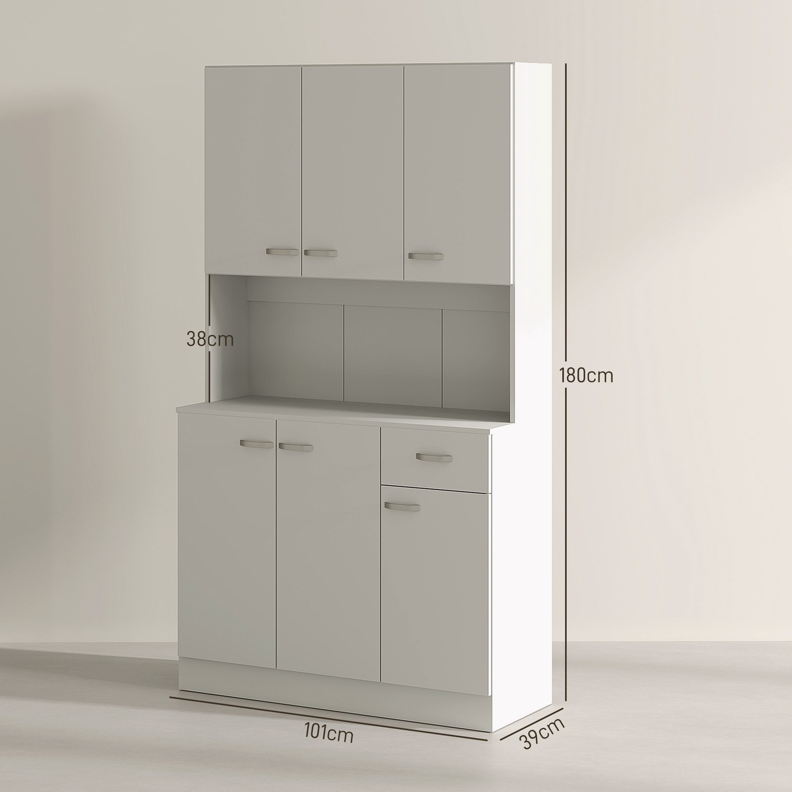 HOMCOM Freestanding Kitchen Pantry Storage Cabinet with Adjustable Shelves & Middle Worktop - White - Image 3