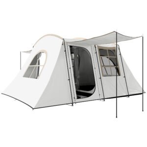 Outsunny 4 Man Tunnel Tent, Family Camping Tent with Porch, Bedroom and Living Area, Sewn in Groundsheet, 3000mm Waterproof, Portable with Bag for Hiking, Festival, Backpacking, Khaki