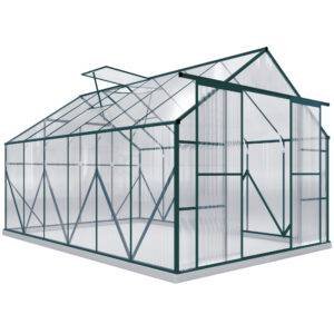 Outsunny 8 x 12ft Aluminium Greenhouse Polycarbonate Walk in Garden Greenhouse Kit with Adjustable Roof Vent, Double Sliding Door, Rain Gutter and Foundation, Clear