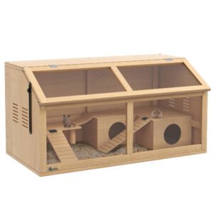 PawHut Hamster Cage, Wooden Small Animal Cage for Gerbils, Mice w/ Suspension Bridge, Openable Top, Hut, 85 x 45 x 44cm Nature