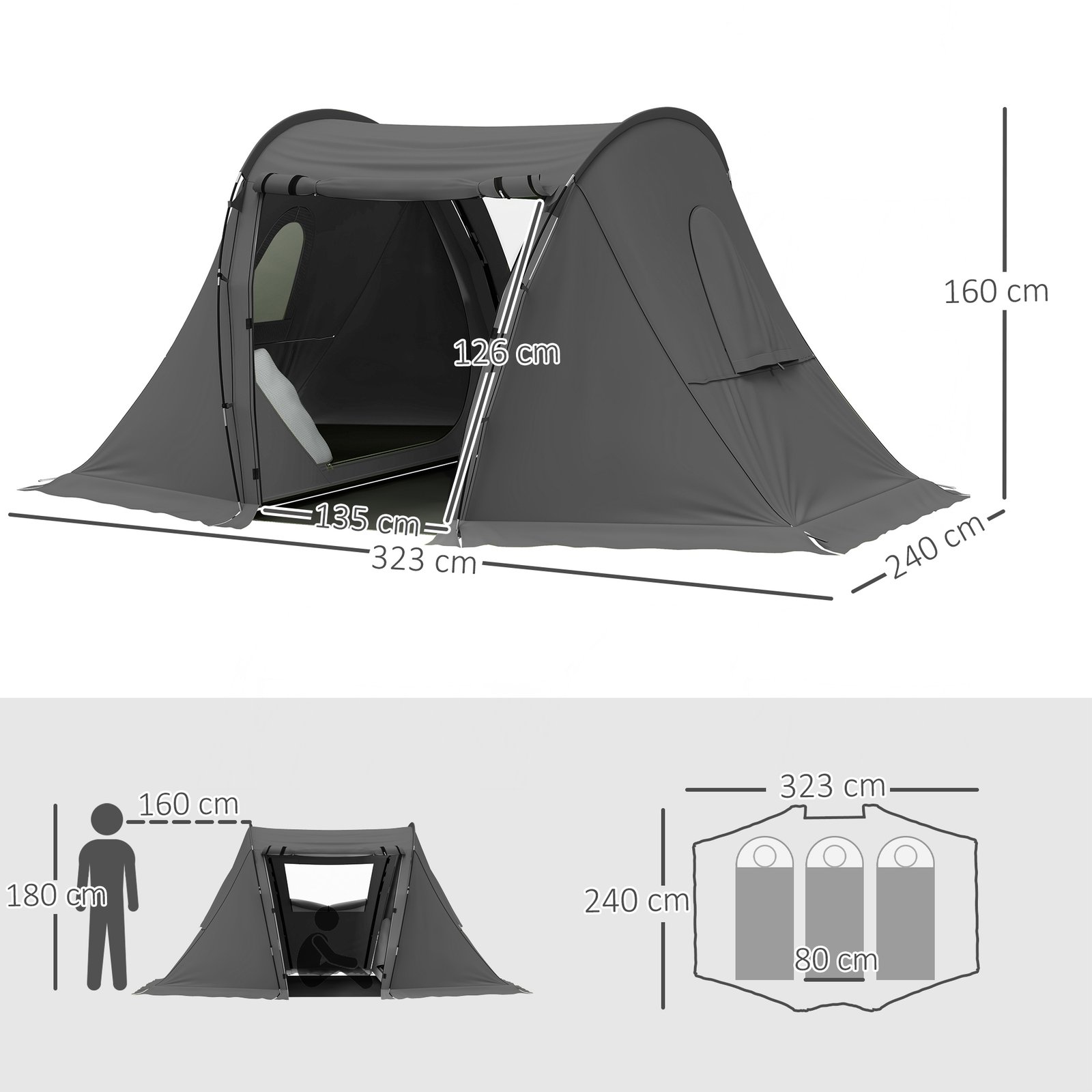 Outsunny 3 Man Camping Tent with Living Area and 2 Bedrooms, 3000mm Waterproof Family Tent with Sewn-in Groundsheet and bag, Portable Dome Shelter for Hiking, Festival, Backpacking, Drak Grey - Image 3