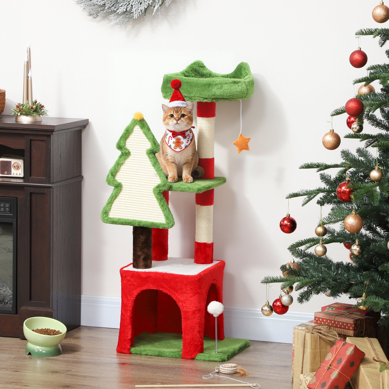 PawHut Christmas Cat Tree, 120cm Cat Tower with Scratching Post & Board, Platform, Toys, Green - Image 2