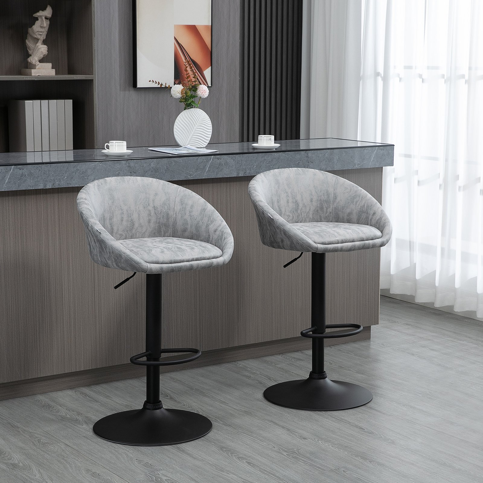 HOMCOM Modern Bar Stools Set of 2, Height Adjustable Swivel Barstools, PU Leather Upholstered Bar Chair with Backrest, Armrests and Footrest for Breakfast Bar, Counter, Kitchen, Light Grey - Image 2