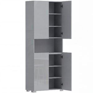 HOMCOM 180 cm Tall Kitchen Cupboard, Pantry Storage Cabinet with Soft Close Doors and Adjustable Shelves, High Gloss Grey