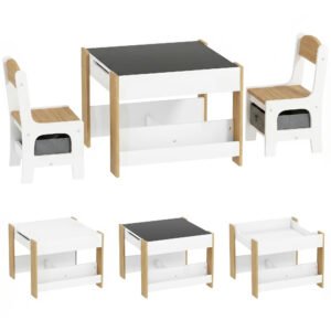 HOMCOM Three-Piece Kids Table and Chair Set with Blackboard, Storage, Bookshelves - Natural Wood