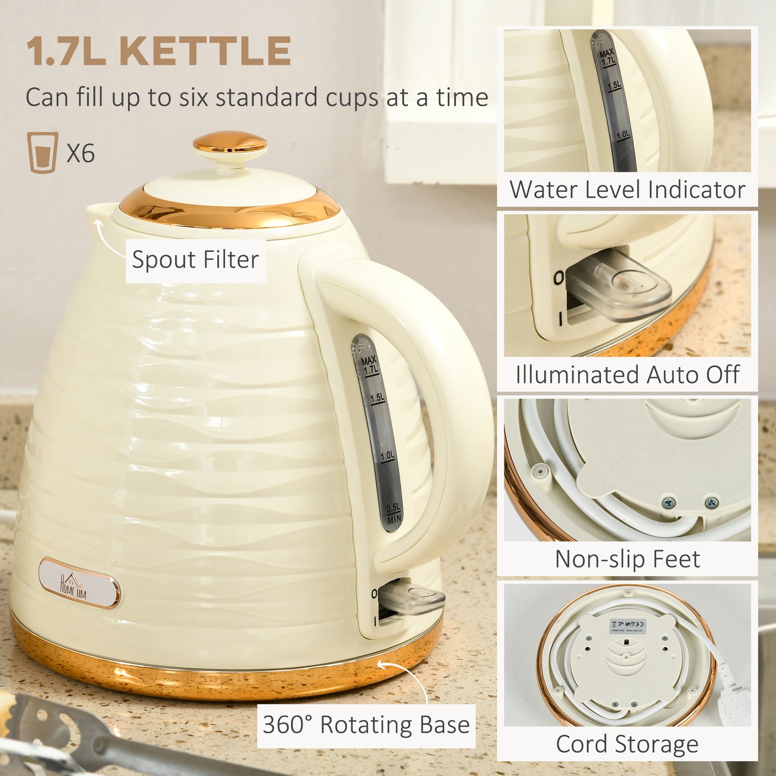 HOMCOM 3000W 1.7L Rapid Boil Kettle & 4 Slice Toaster, Kettle and Toaster Set with 7 Browning Controls and Crumb Tray, Beige - Image 4