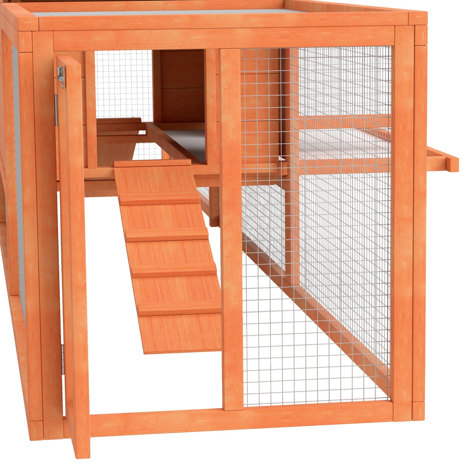 PawHut Wooden Rabbit Hutch with Run, Tray, Ramps, Asphalt Roof, 309 x 70 x 87cm, Orange - Image 9
