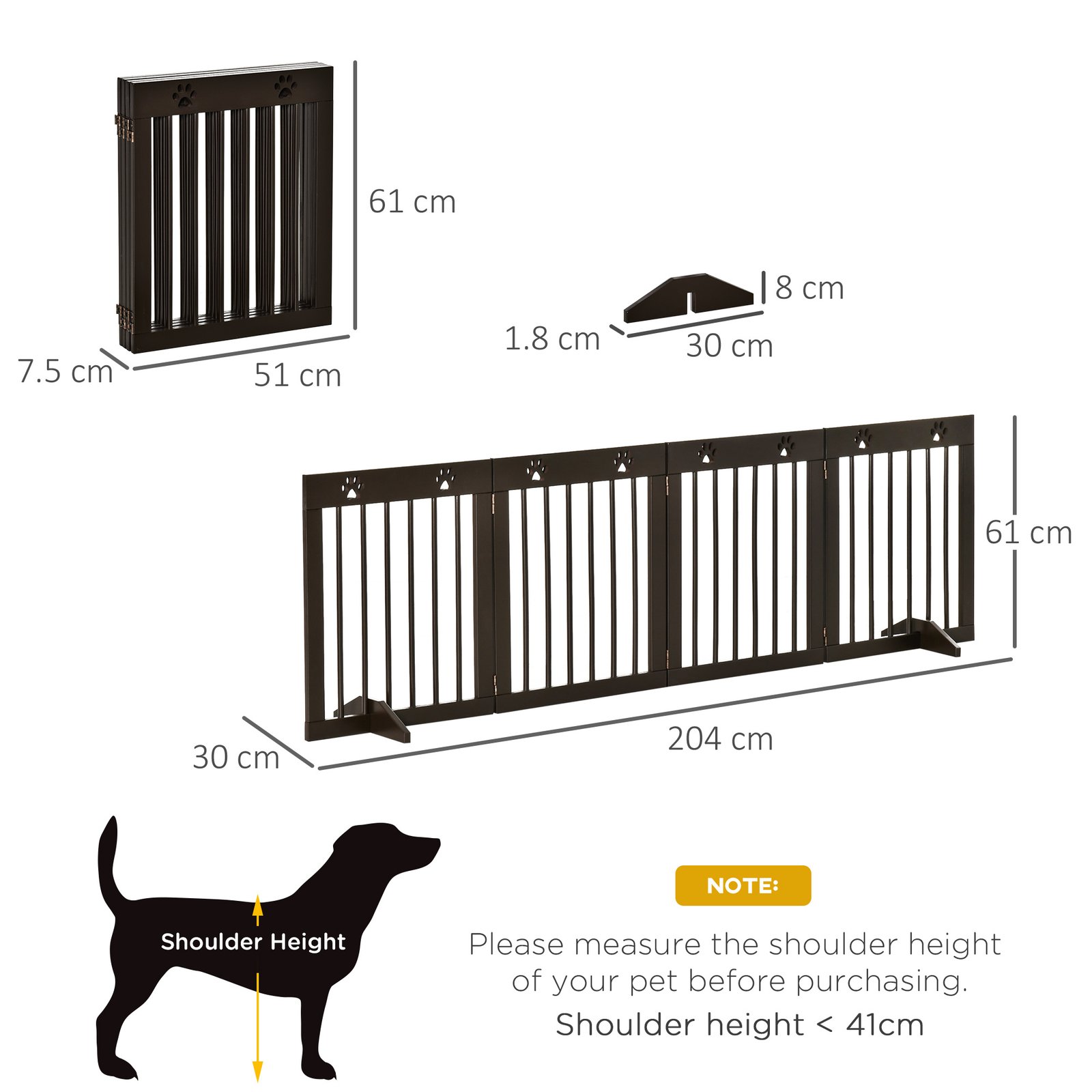 PawHut Freestanding Pet Gate 4 Panel Wooden Dog Barrier Folding Safety Fence with Support Feet up to 204cm Long 61cm Tall for Doorway Stairs Brown - Image 3