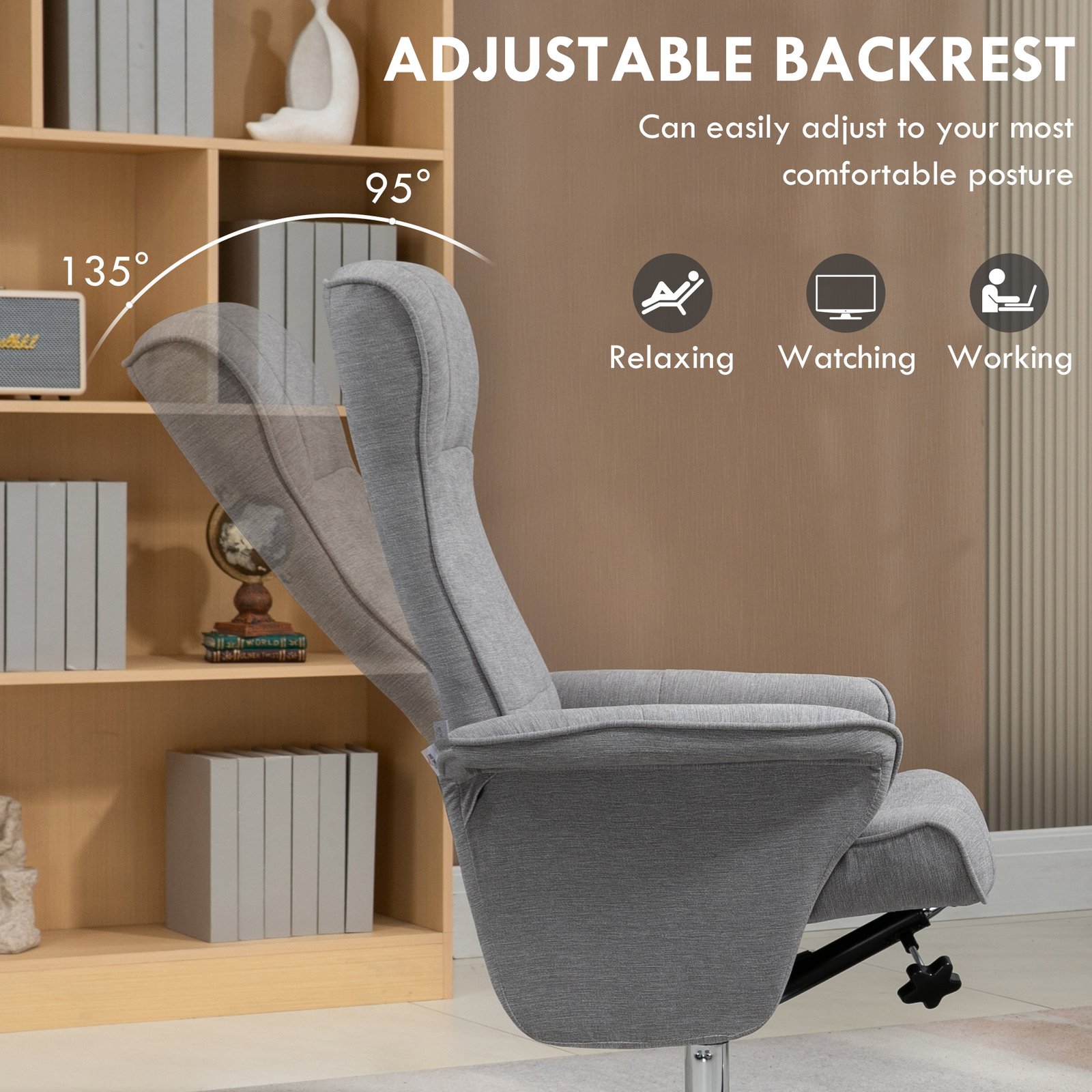 HOMCOM Swivel Recliner Chair with Footstool, Velvet Recliner Armchair with Ottoman, Steel Base, Upholstered Reclining Chair for Living Room, Bedroom, Office, Grey - Image 4