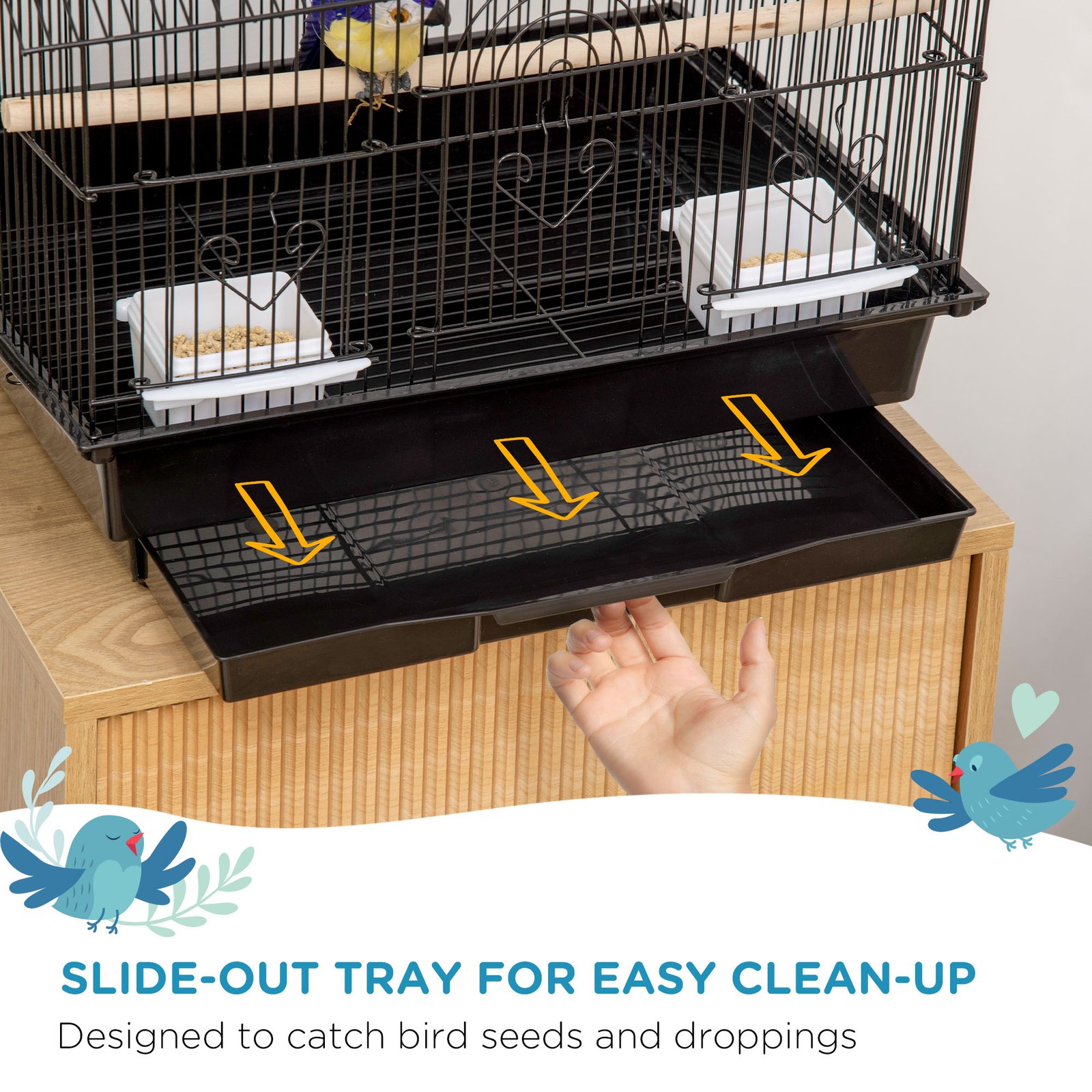 PawHut Metal Bird Cage with Plastic Swing Perch Food Container Tray Handle for Finch Canary Budgie 43.5 x 33 x 63 cm, Black - Image 5