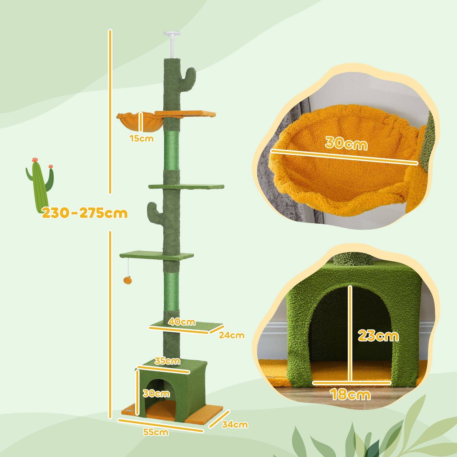 PawHut 230-275cm Floor-to-Ceiling Adjustable Cat Tree with Scratching Posts, Hammock - Image 3