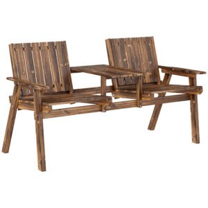 Outsunny 2-Seater Garden Loveseat with Table and Parasol Hole for Porch, Patio, Carbonised Finish