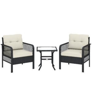 Outsunny 3 Pieces Rattan Bistro Set with Glass Top Coffee Table, Chairs and Cushions for Outdoor, Patio, Balcony, Cream