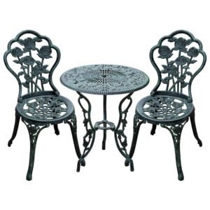 Outsunny Cast Aluminium Outdoor Patio Garden Bistro Elegant Design Table Chair Set - Green (3-Piece)