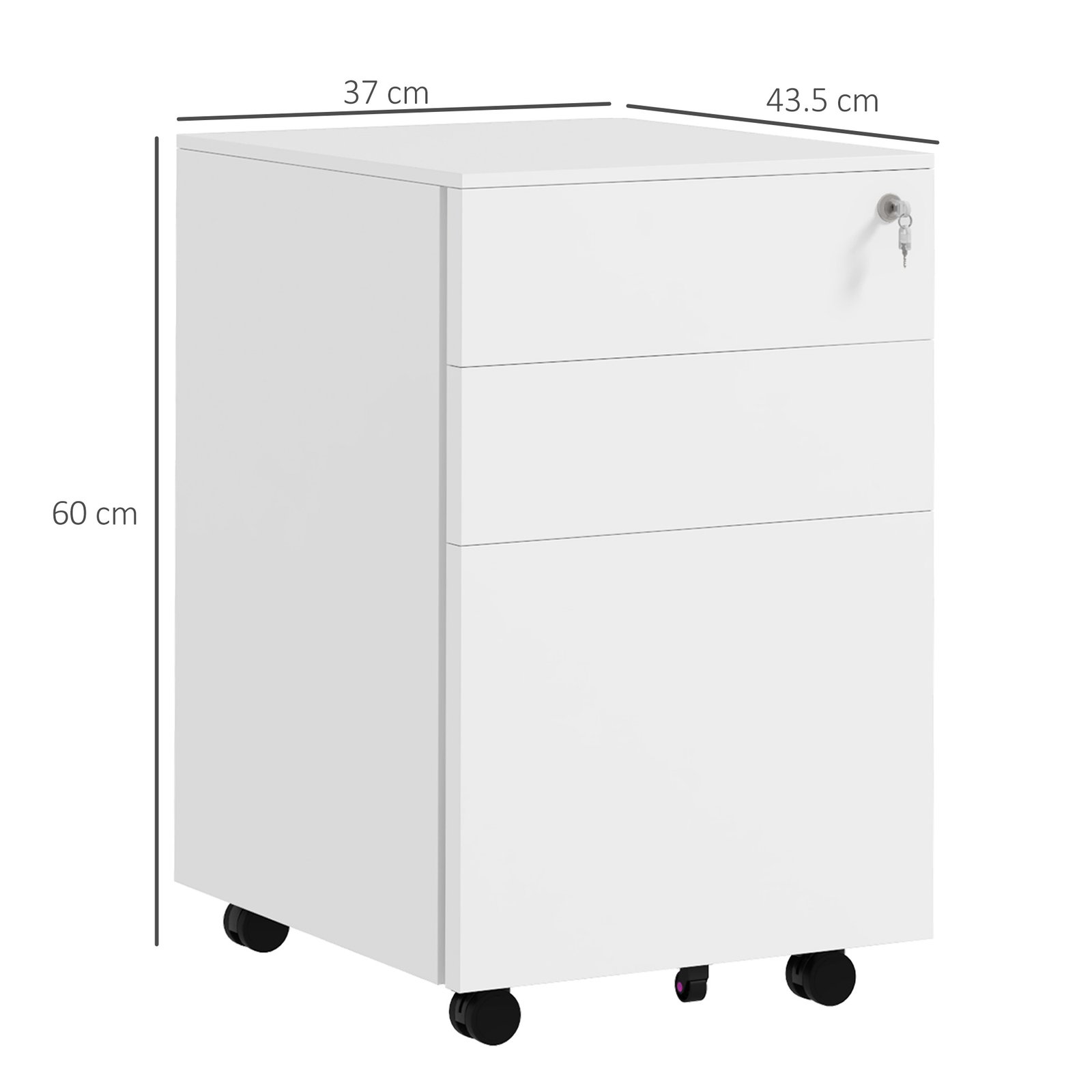 Vinsetto 3-Drawer Vertical Filing Cabinet with Pencil Tray, Lock and 5 Wheels, Steel Mobile File Cabinet, for A4, Legal and Letter Size, Pre-Assembled Body, White - Image 3