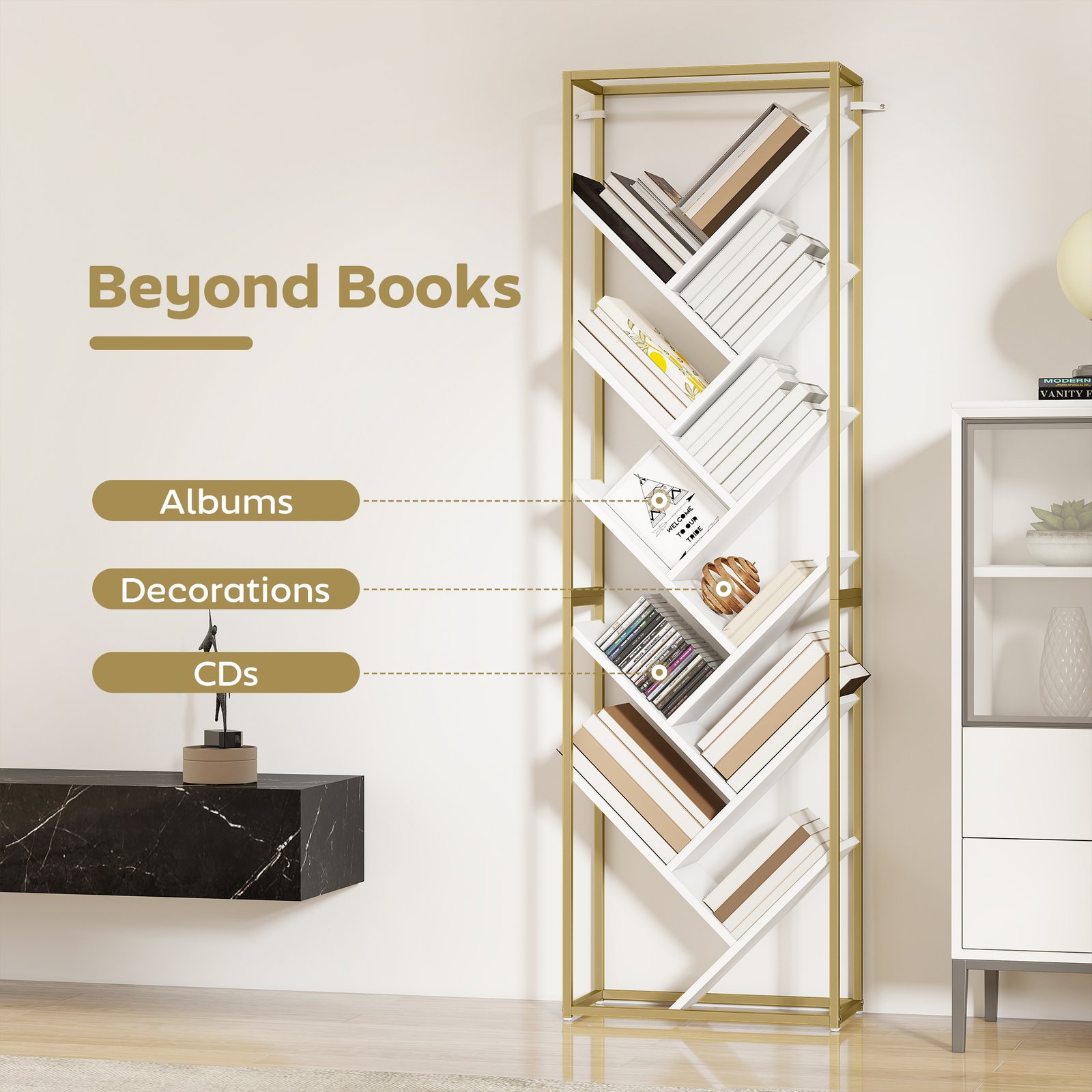 HOMCOM 10 Shelf Modern-Style Bookshelf - Gold Tone/White - Image 5