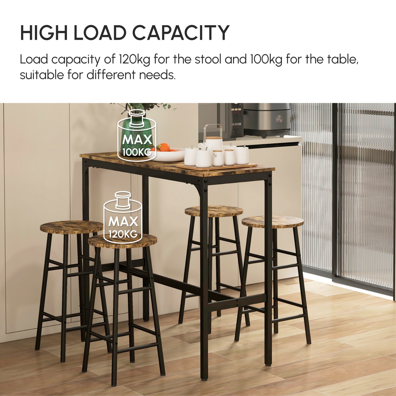 HOMCOM 5 Piece Bar Table Set with 4 Stools, Industrial Bar Table and Stool Set, Dining Table and Chair Set, Rustic Brown - Image 7