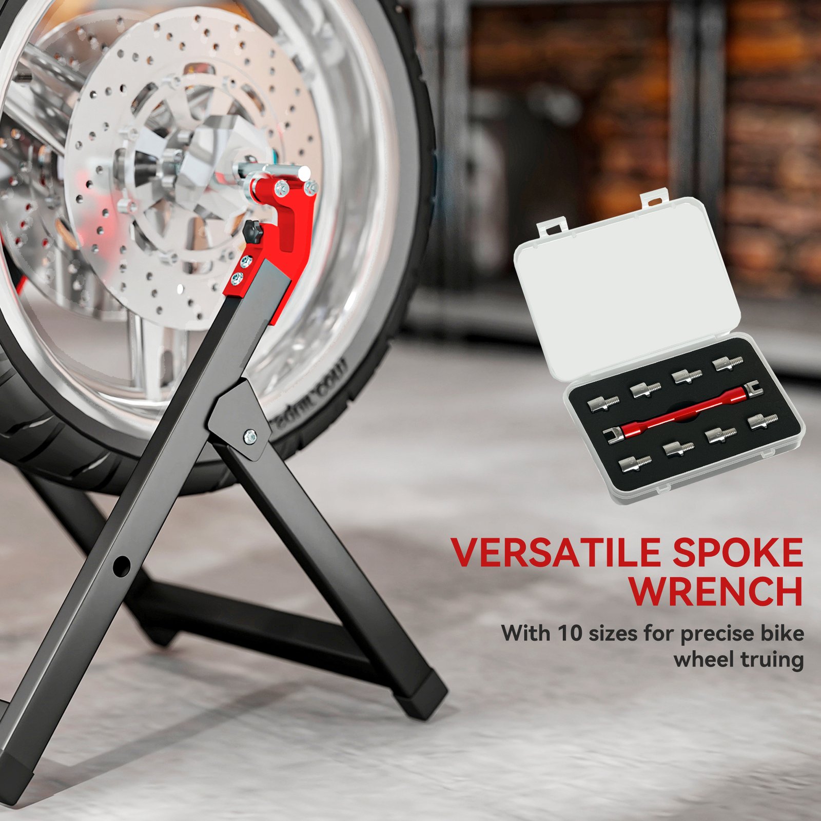 HOMCOM Foldable Motorcycle Wheel Balancer Truing Stand with Spoke Wrench, Steel Bike Tyre Rim Balancing Stand with Aluminium Shaft, Fits Wheels up to 23" in Diameter, 5" in Width, Black - Image 5