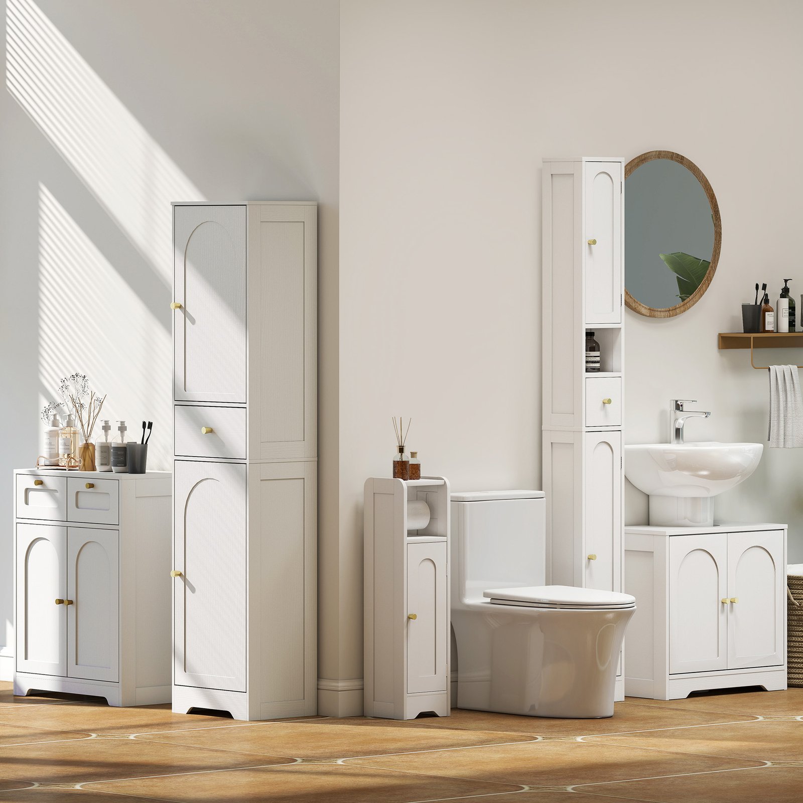 HOMCOM 185 cm Tall Bathroom Cabinet with Arched Doors - White - Image 8