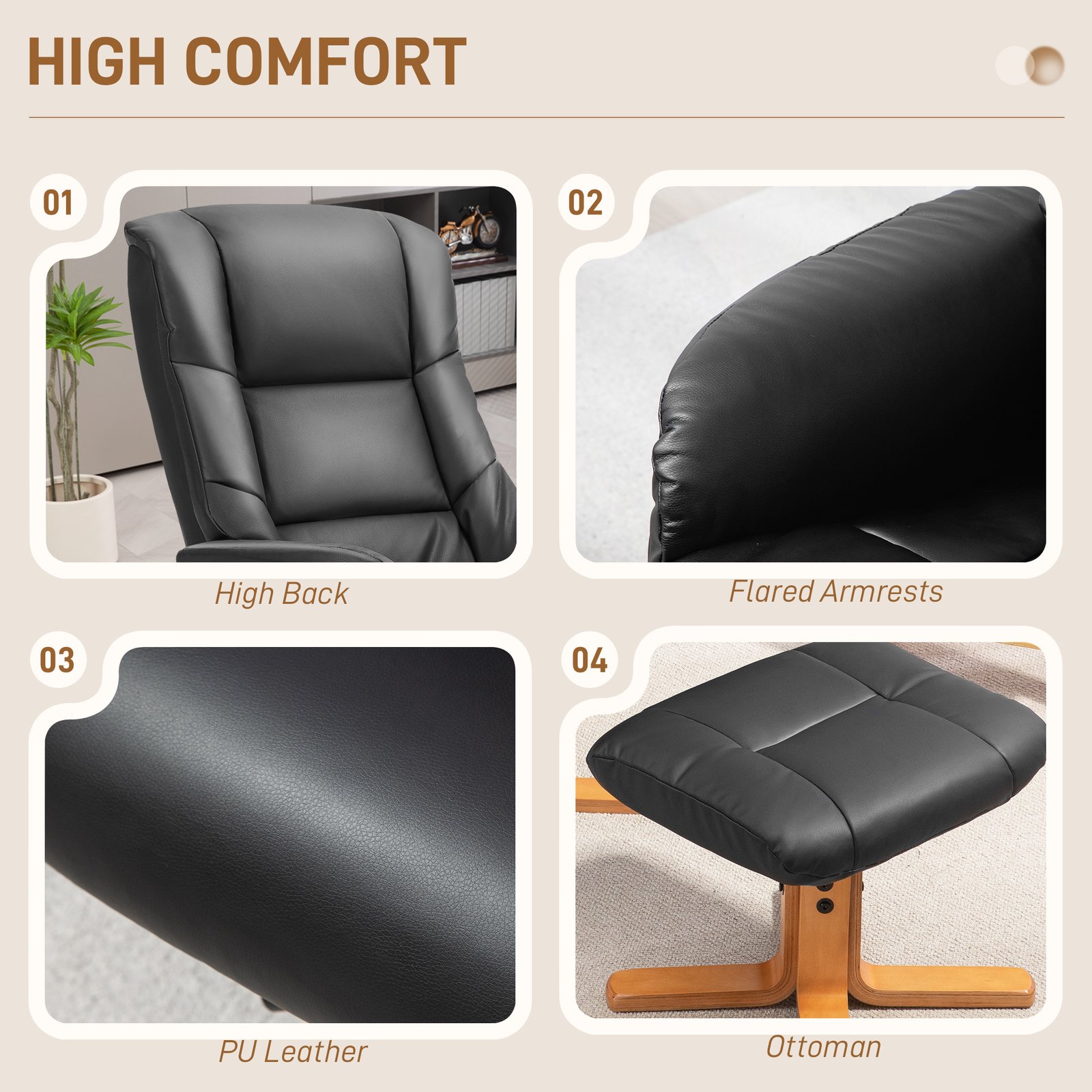 HOMCOM Rocking Recliner Chair with Footstool, PU Leather Recliner Armchair with Wood Base, Upholstered Reclining Chair for Living Room Bedroom, Black - Image 6