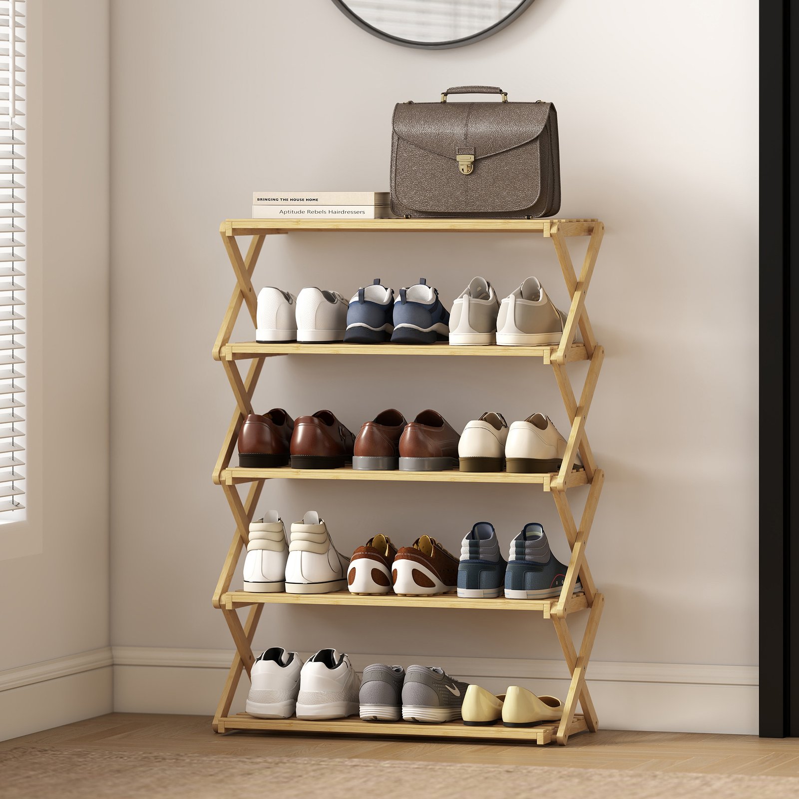 HOMCOM Five-Tier Folding Bamboo Shoe Rack - Natural Finish - Image 9