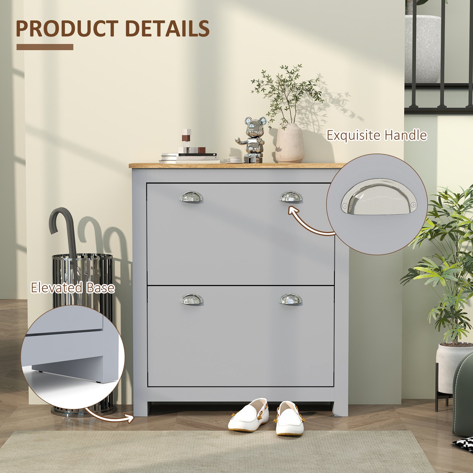 HOMCOM 2 Drawer Shoe Cabinet Modern Narrow Shoe Cupboard Hallway Wooden Storage Organiser with Flip Doors Adjustable Shelf for 6-12 Pairs, Grey - Image 6