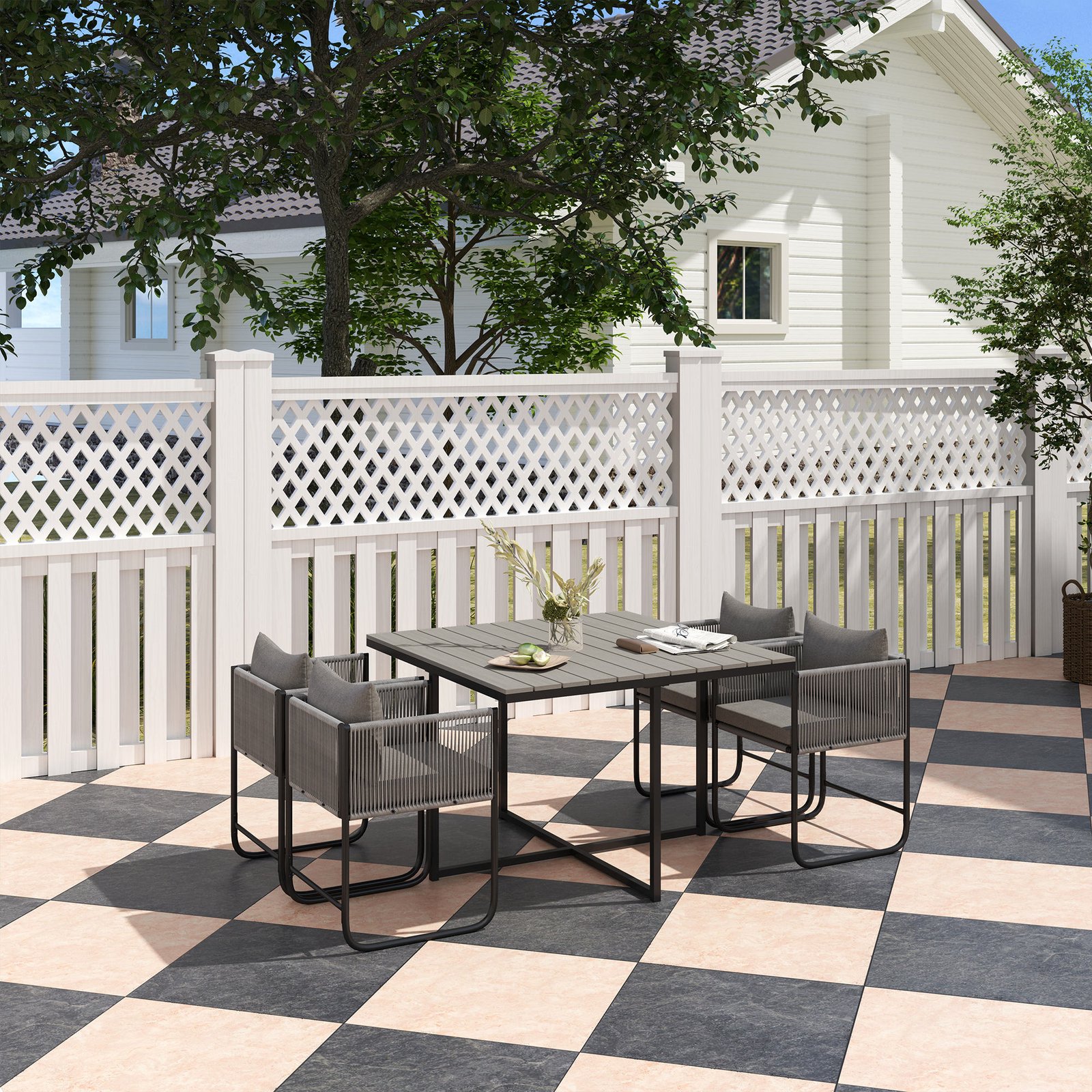 Outsunny 4 Seater Rattan Cube Garden Furniture Set, Rattan Dining Set with Cushions, Outdoor Dining Table and Chairs with Rectangular Wood Grain Plastic Top Table for Patio, Balcony, Grey - Image 2