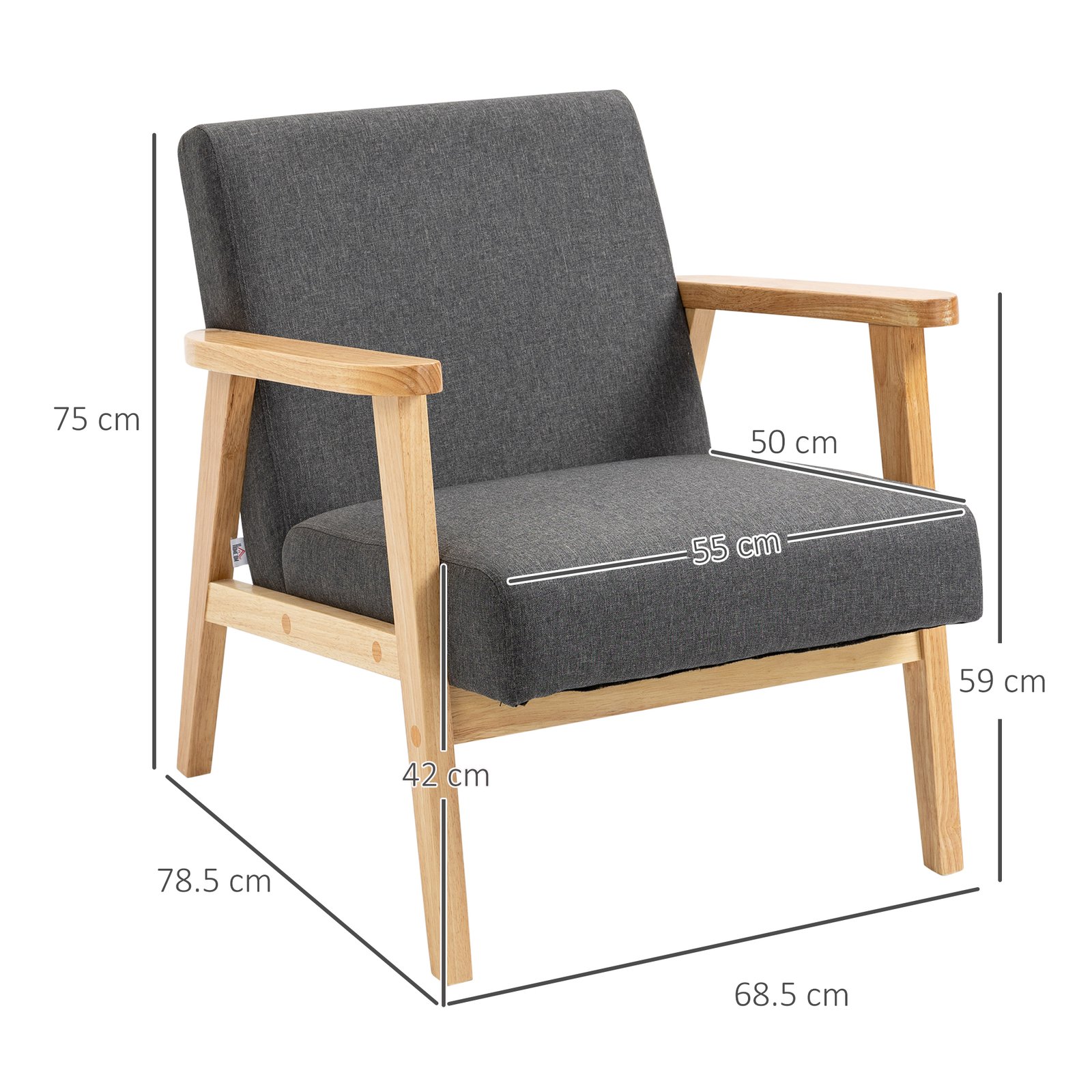 HOMCOM Set of 2 Accent Armchair, Living Room Chair, Wooden Upholstered Single Lounge Chair with Rubber Wood Legs and Padded Seat, Leisure Sofa Chair for Bedroom Office, Dark Grey - Image 3
