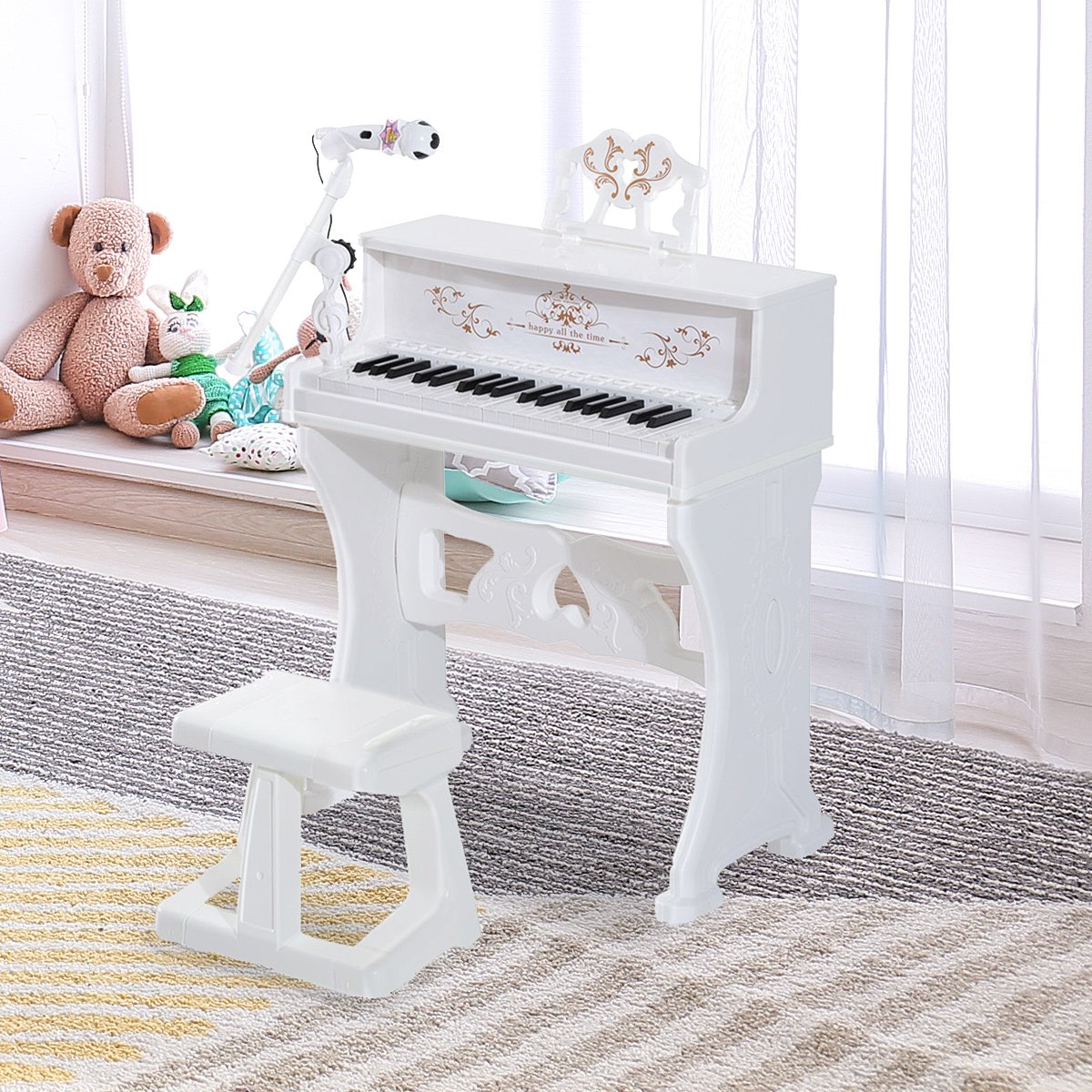 HOMCOM 37 Keys Kids Piano Mini Electronic Keyboard Light Kids Musical Instrument Educational Game Children Grand Piano Toy Set w/Stool & Microphone & Music Stand (White) - Image 2