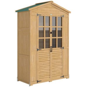 Outsunny Outdoor Wooden Storage Cabinet, Garden Tool Shed with Acrylic Windows for Patio, Light Brown