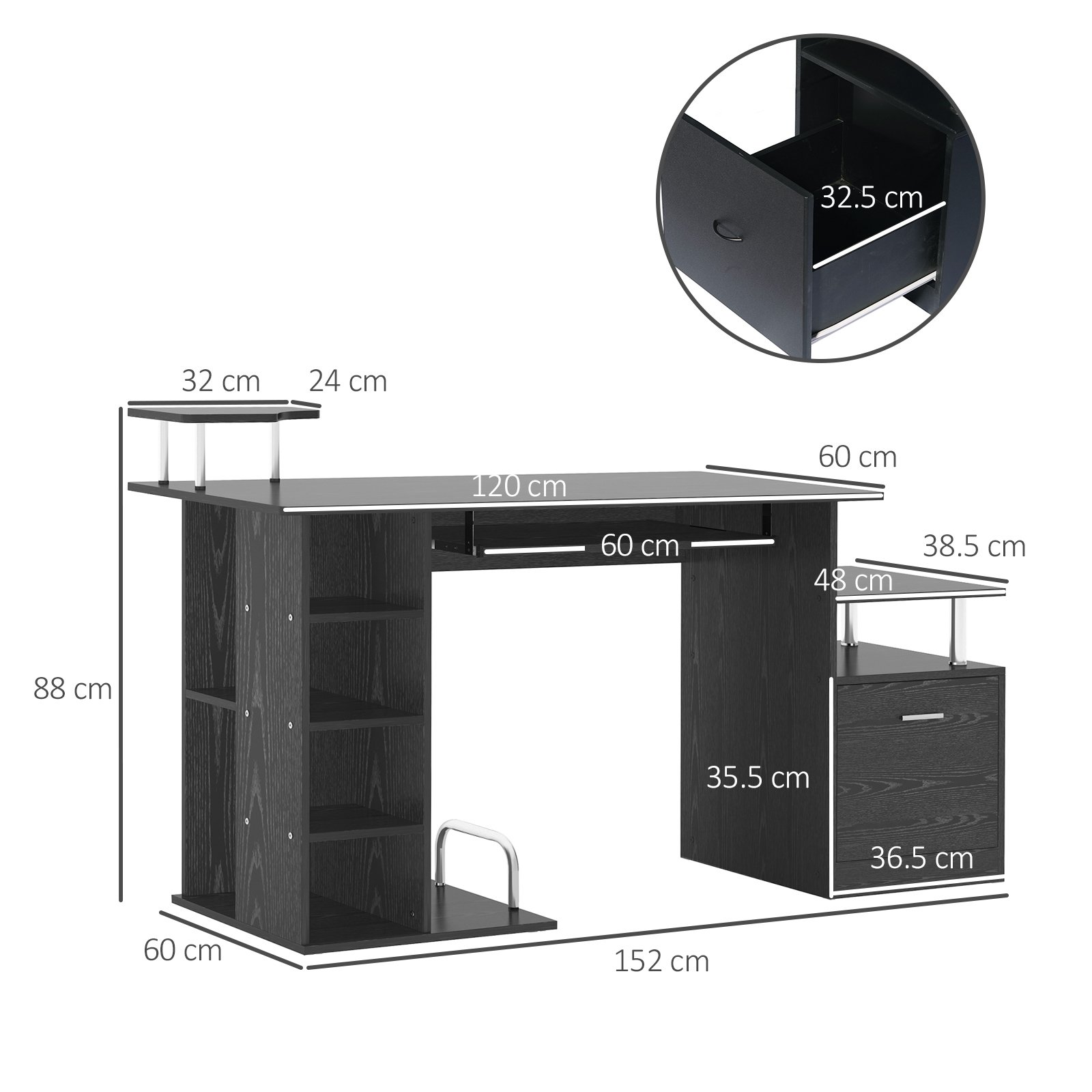 HOMCOM Computer Desk PC Workstation with Drawer Shelves CPU Storage Rack Home Office Furniture 152 x 60 x 88cm (BLACK) - Image 3