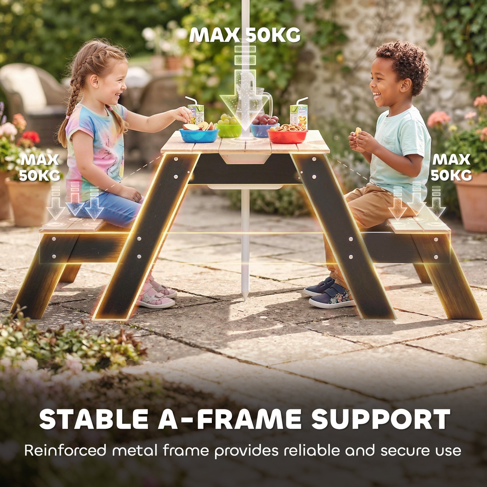 AIYAPLAY Kids Garden Furniture with Parasol, 3 in 1 Wooden Sand and Water Table with 2 Hidden Play Boxes for Patio, Ages 3-6 - Image 8