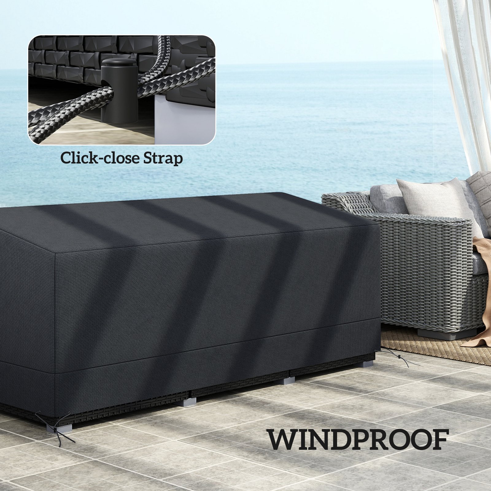 Outsunny Rectangular Patio Garden Furniture Cover Waterproof for 3 Seater Sofa Bistro Set, UV Resistant Protection 600D Oxford Fabric Rattan Lounge Clean Cover, 190 x 72 x 76cm, Black - Image 5