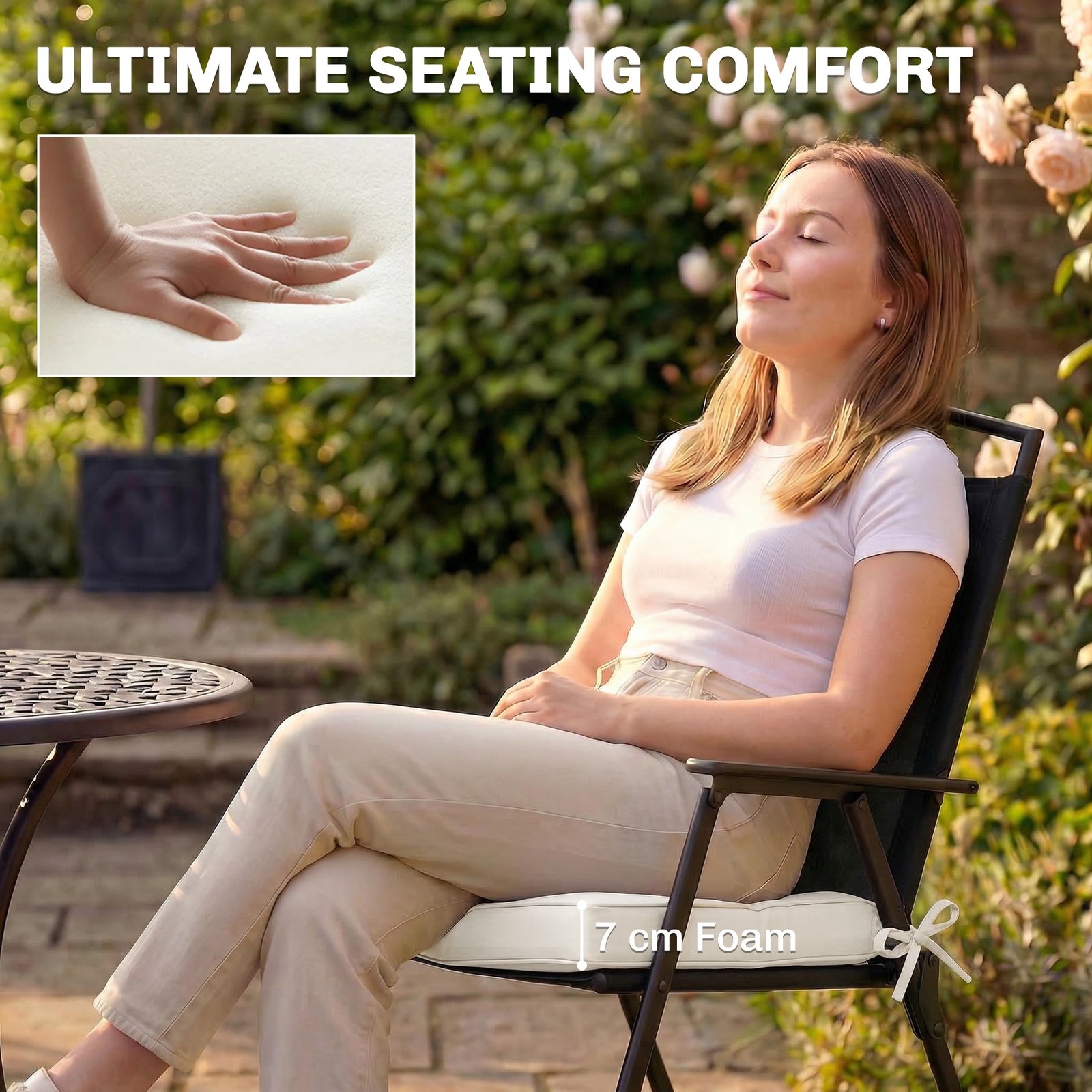 Outsunny Outdoor Chair Seat Cushions Set of 2, Garden Chair Cushions with 7cm Thick Foam & Ties, Cream White - Image 4
