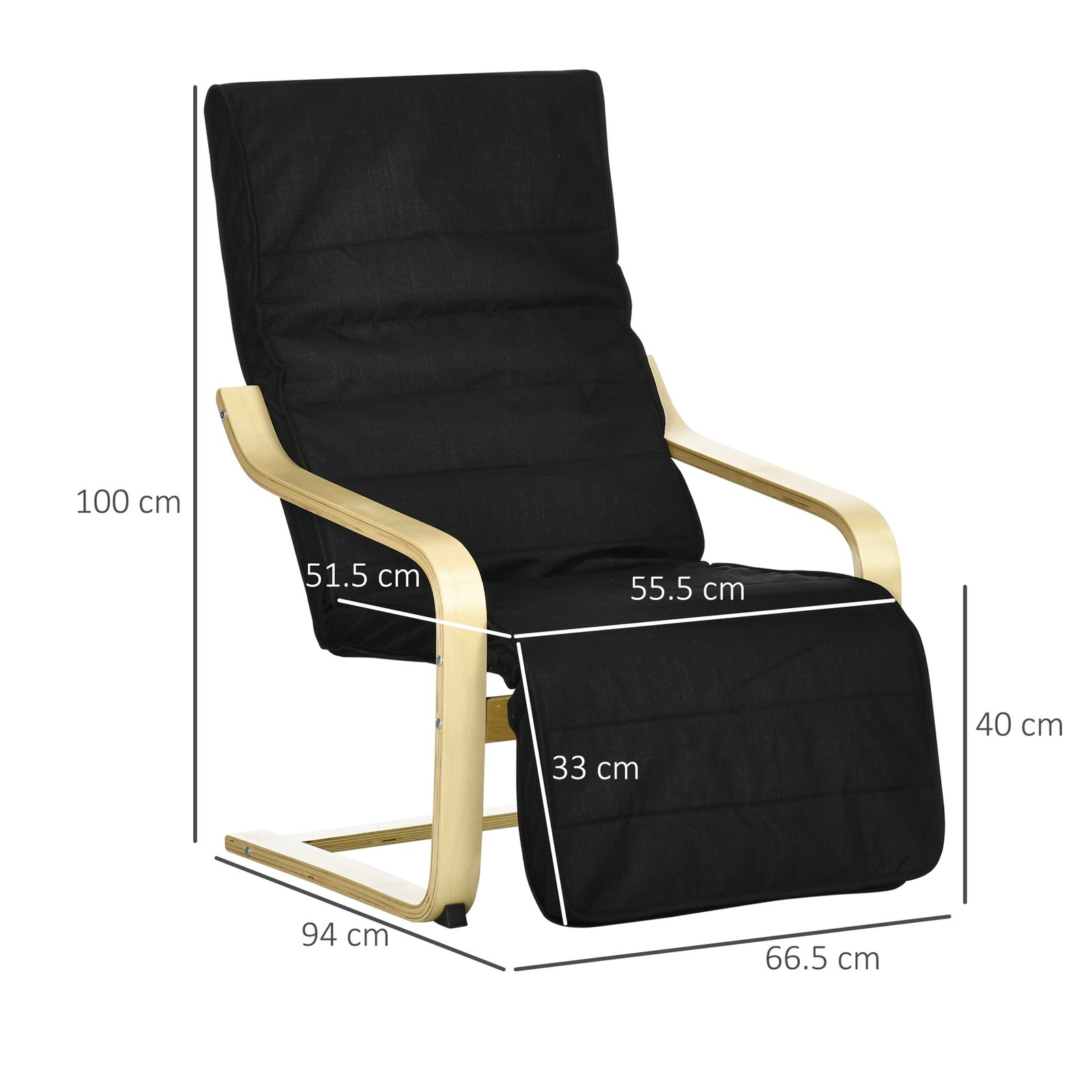 HOMCOM Wooden Armchair, Upholstered Linen Lounge Chair with Adjustable Footrest & Removable Cushion, Poang Chair for Living Room, Black - Image 3
