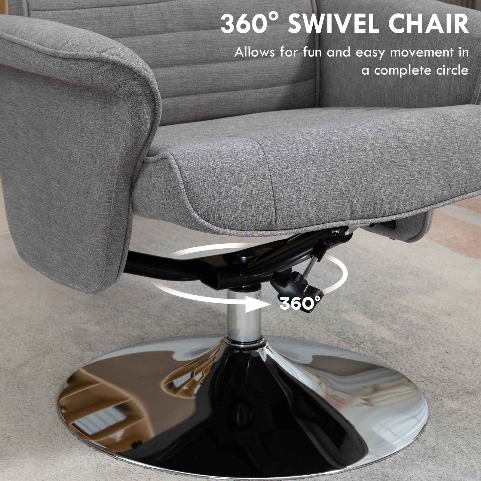 HOMCOM Swivel Recliner Chair with Footstool, Velvet Recliner Armchair with Ottoman, Steel Base, Upholstered Reclining Chair for Living Room, Bedroom, Office, Grey - Image 5