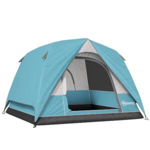 Outsunny 3-4 Person Camping Tent, Easy Set Up Waterproof Dome Tent with Sewn-in Groundsheet, Mesh Windows, Pocket and Hook for Camping, Hiking, Backpacking, Navy Blue and Light Blue