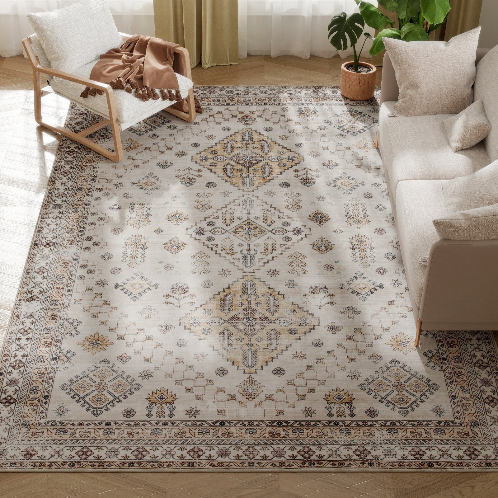 HOMCOM Vintage Area Rug, Non-Slip Washable Rug, Flannel Floor Carpet for Living Room, Bedroom, Dining Room, Home Office, 290 x 200 cm, Beige - Image 9