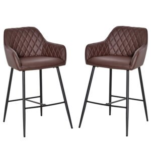 HOMCOM Set of 2 Bar stools Retro PU Leather Bar Chairs w/ Footrest Metal Frame Comfort Support Stylish Dining Seating Home Brown