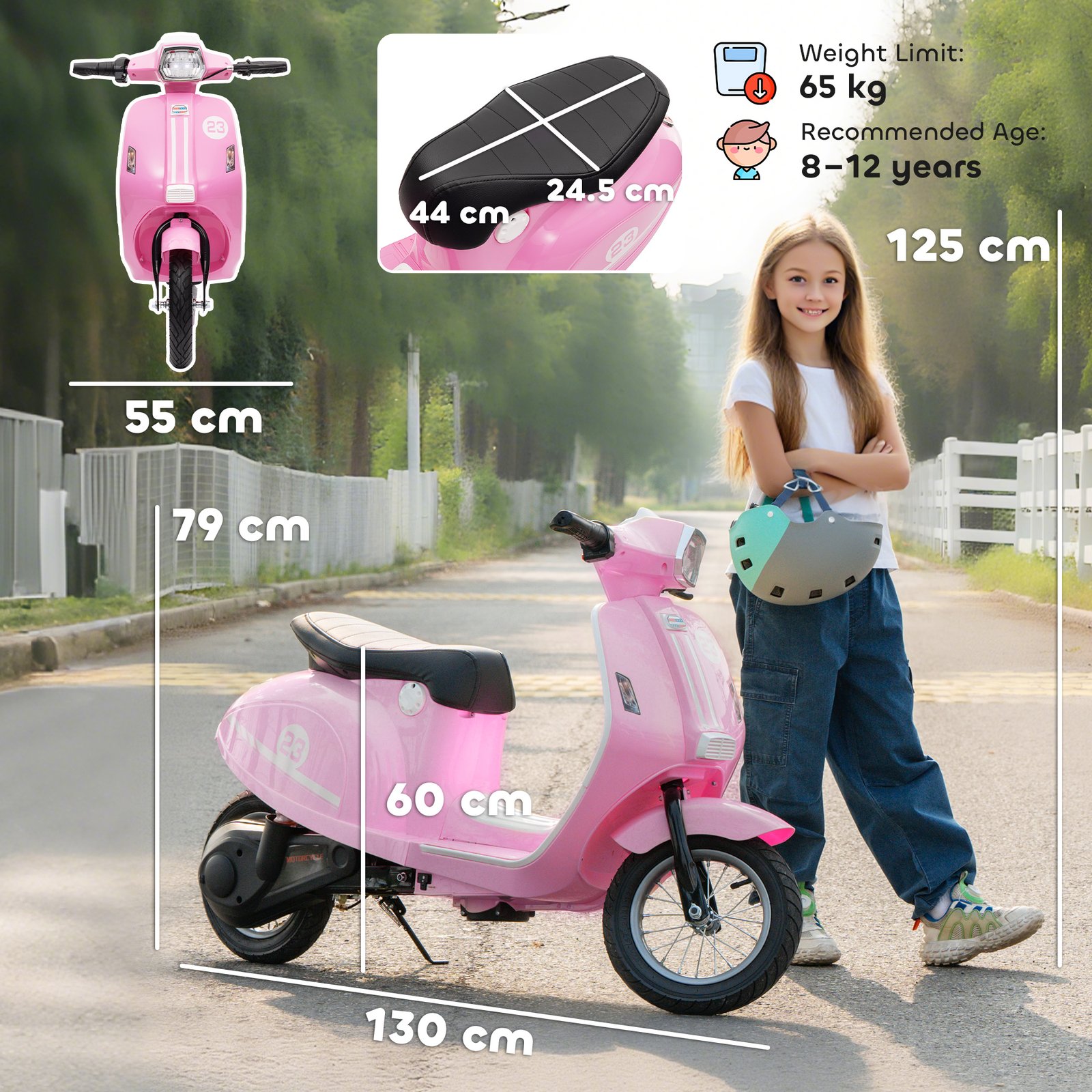 AIYAPLAY 24V Kids Electric Motorbike, Ride on Motorcycle with Manual Throttle, Brakes and LED Lights for Ages 8-12 Years, Pink - Image 3